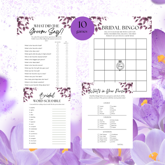 Purple Flowers Digital Bridal Shower Games