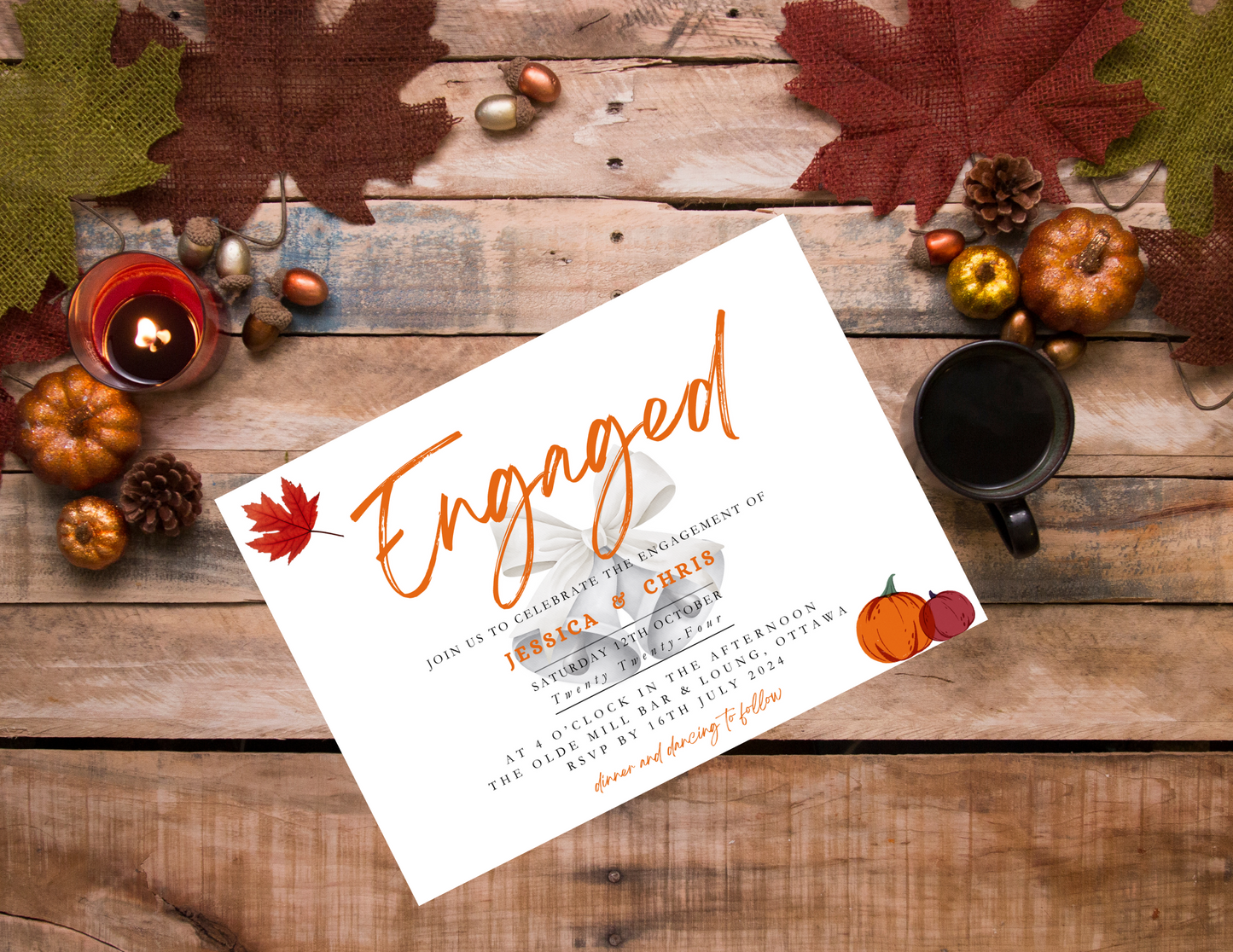 Autumn Wedding Engagement Announcement Digital Template, Printable Announcement, FD003