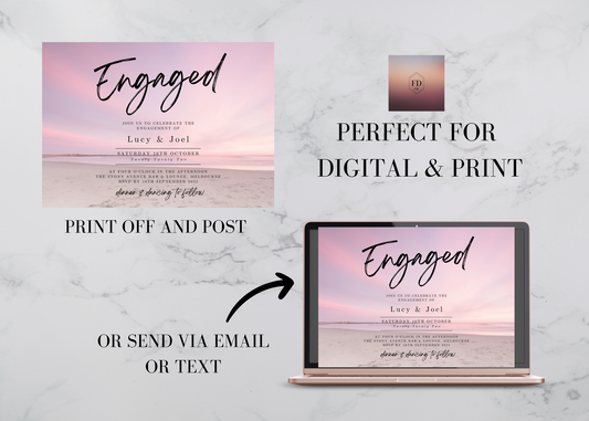 Pink Beach Theme Engagement Announcement Digital Template, Printable FD002